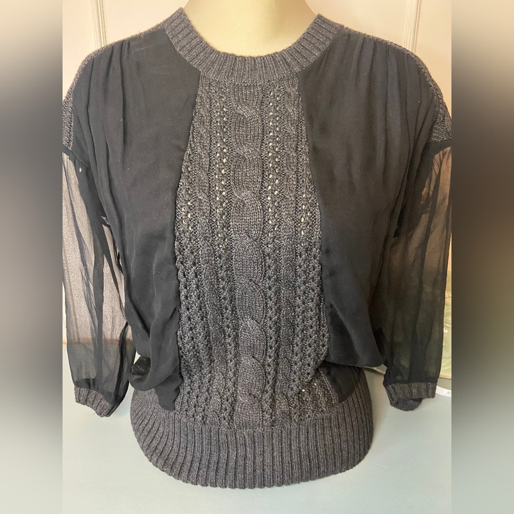 Silk wool Grey and Black Sweater Pullover Knit Sheer Sleeve - Size Med
